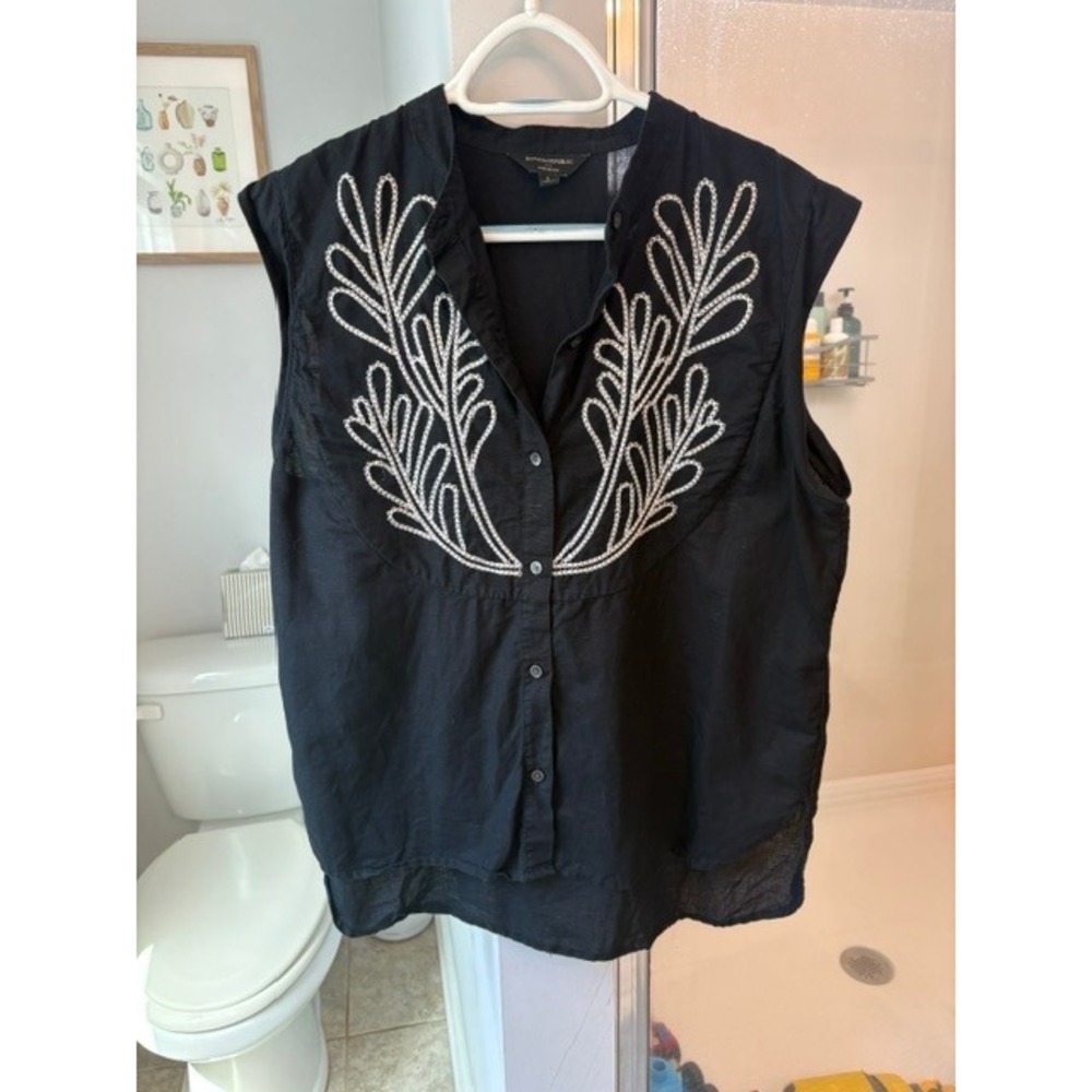 Banana Republic Women's L Black Linen Blend Embroidered Button Front Blouse Top